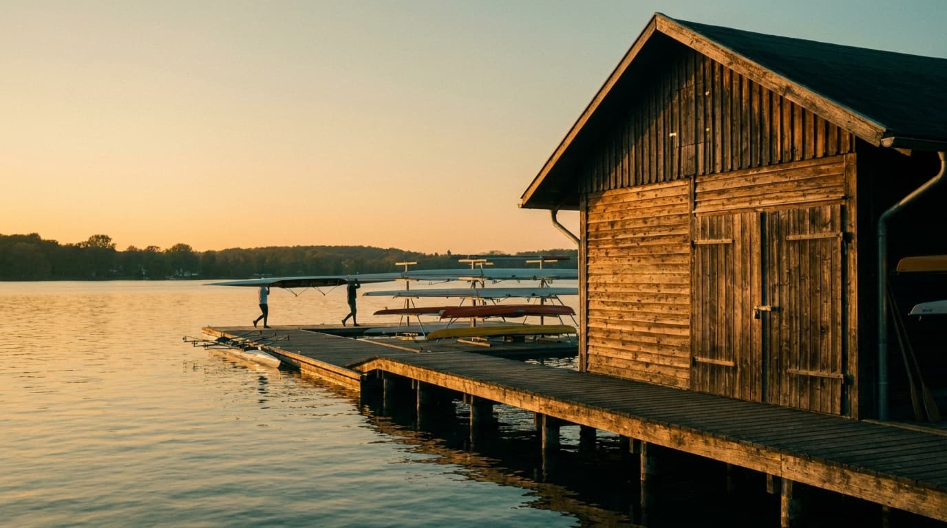 Hölzerner Bootssteg in Aufsicht, ruhiges Wasser mit konzentrischen Ringen