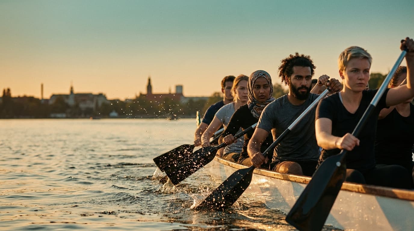 Drachenboot-Crew bei Sonnenaufgang am Berliner Wannsee